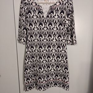 Navy and white geometric print a-line dress.